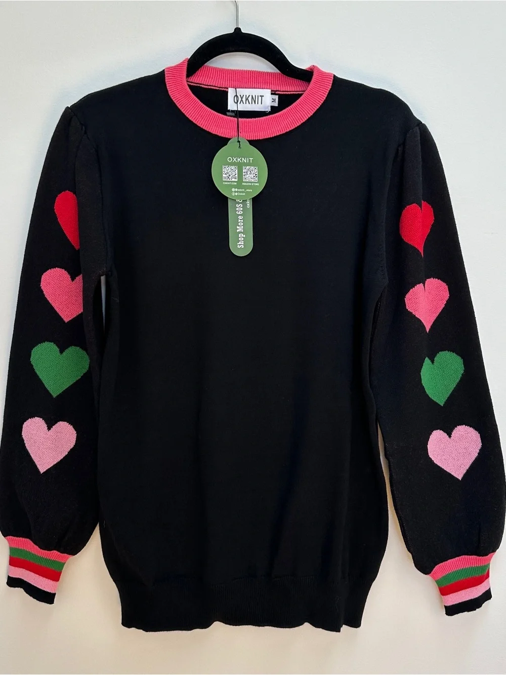 ✨ NWT OXKNIT Retro Heart Puff Sleeve 100% Cotton Sweater ✨ - Picture 2 of 4